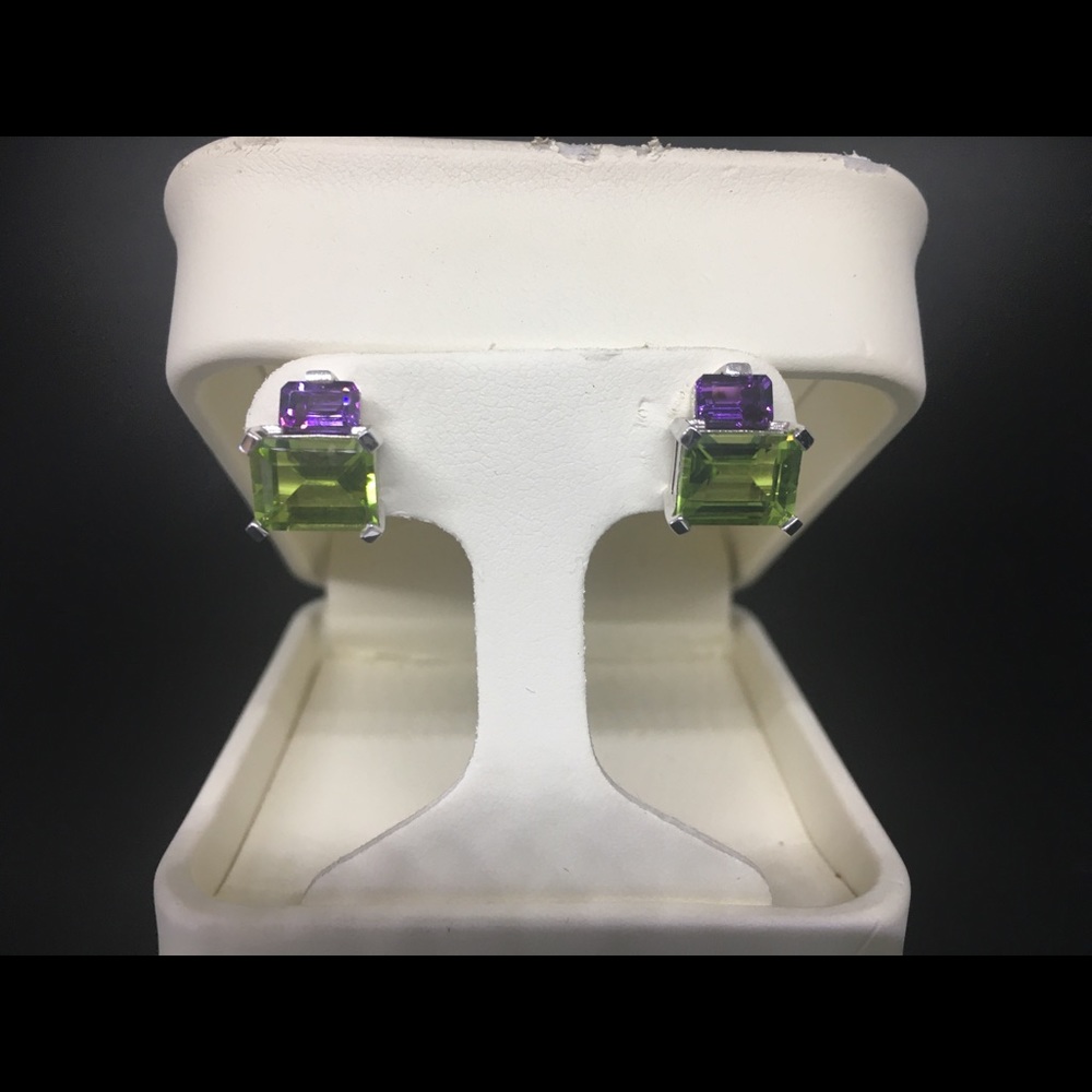 Custom Amethyst and Peridot earrings set in 14k white gold. - Picture 2 of 6